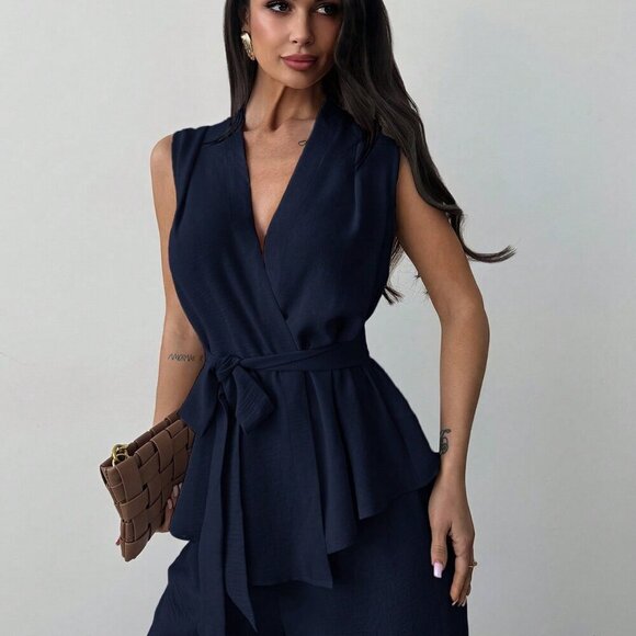navy blue Elegant Women's Surplice Sleeveless Belted Blouse & Wide leg Pant Set - Picture 5 of 7